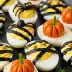 Served Halloween Deviled Eggs with spider, pumpkin, and mummy decorations
