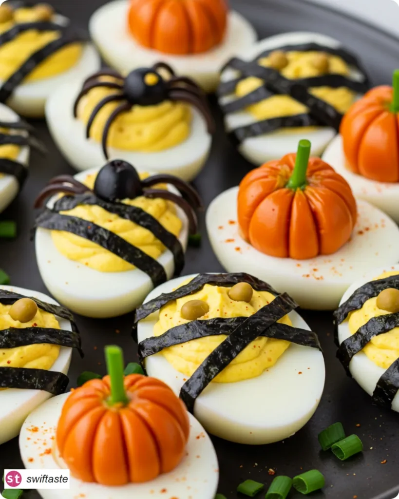 Served Halloween Deviled Eggs with spider, pumpkin, and mummy decorations