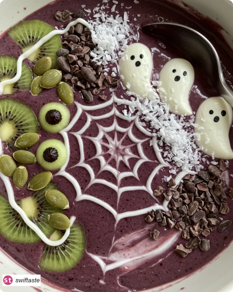 Served Halloween Smoothie Bowl with spider web and spooky toppings
