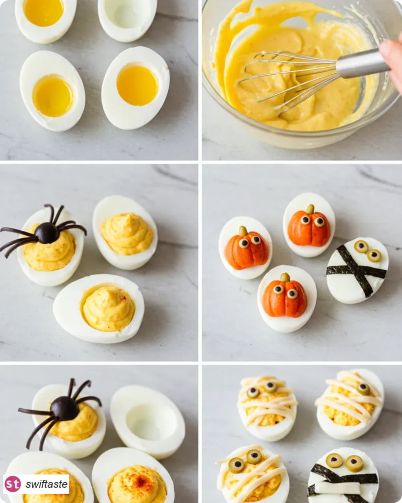 Steps for assembling Halloween Deviled Eggs with spooky garnishes