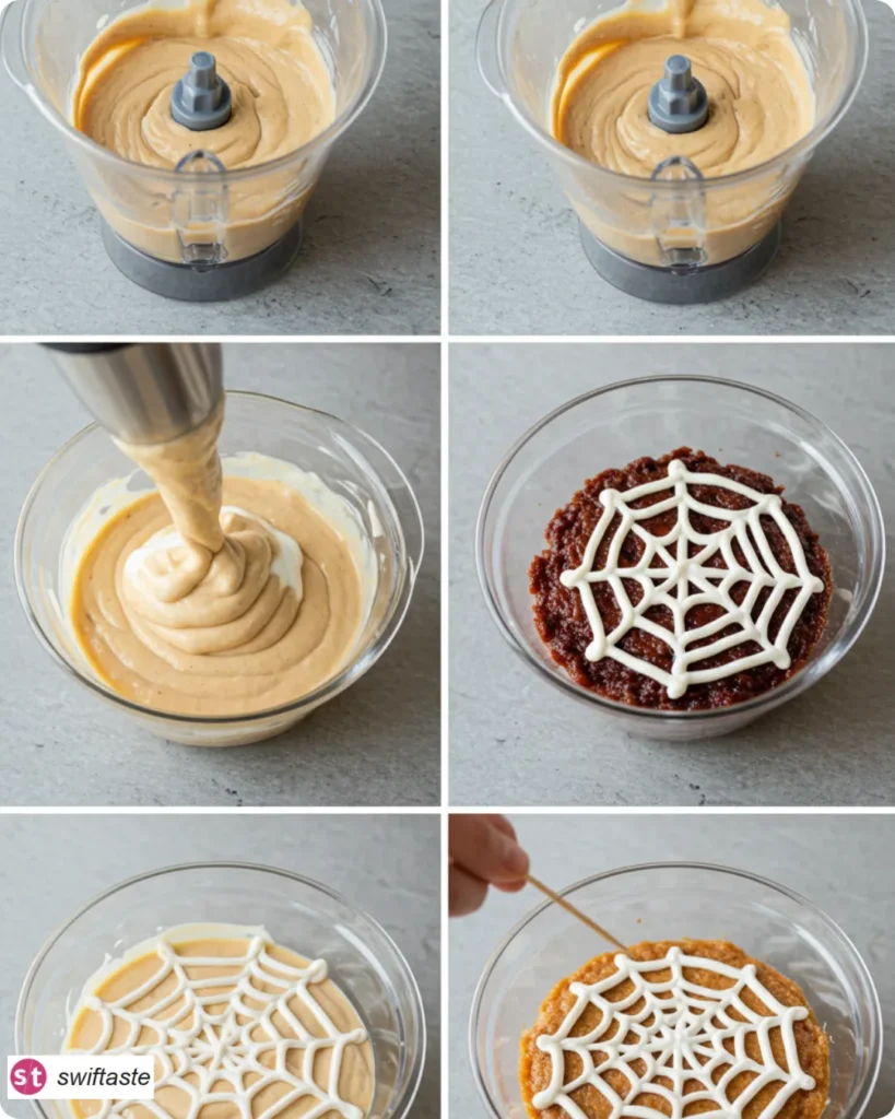 Steps to make a Halloween Smoothie Bowl with yogurt spider web