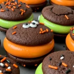 Halloween Whoopie Pies with orange or green filling and sprinkles