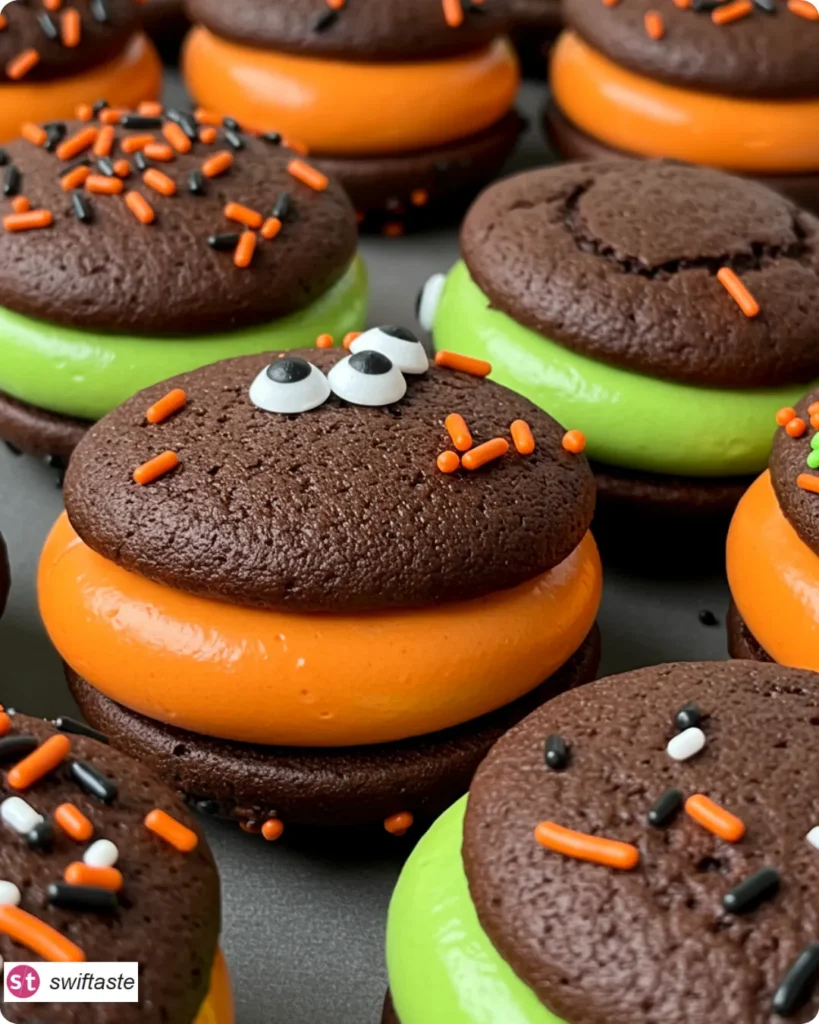 Halloween Whoopie Pies with orange or green filling and sprinkles