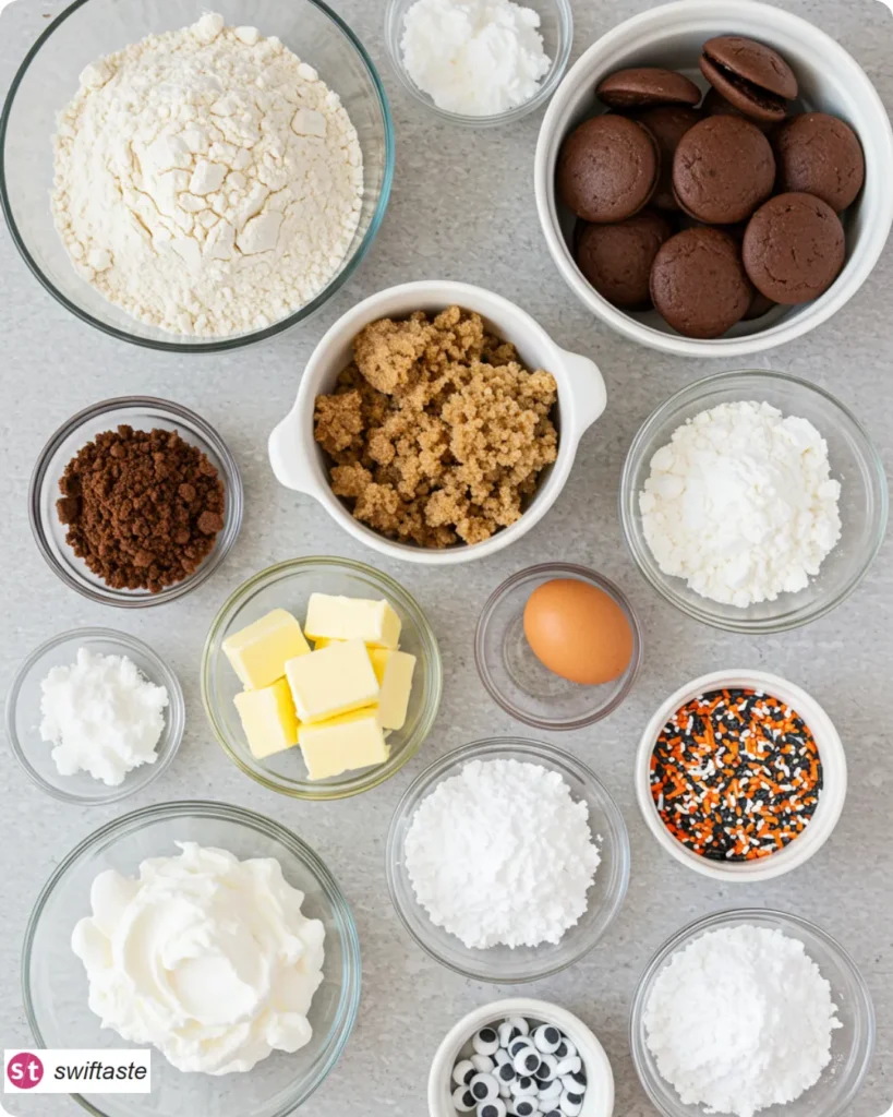 Ingredients for Halloween Whoopie Pies including cocoa, buttermilk, and marshmallow fluff