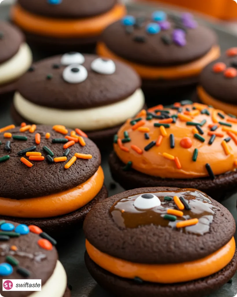 Halloween Whoopie Pies on a platter with festive filling and sprinkles