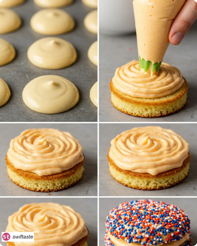 Steps to make Halloween Whoopie Pies with piped filling and sprinkles