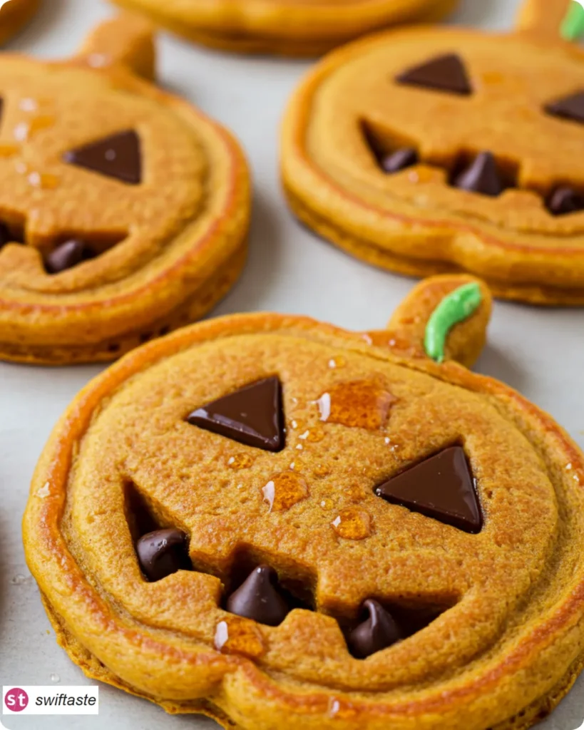 Jack-O-Lantern Pancakes stacked with chocolate faces