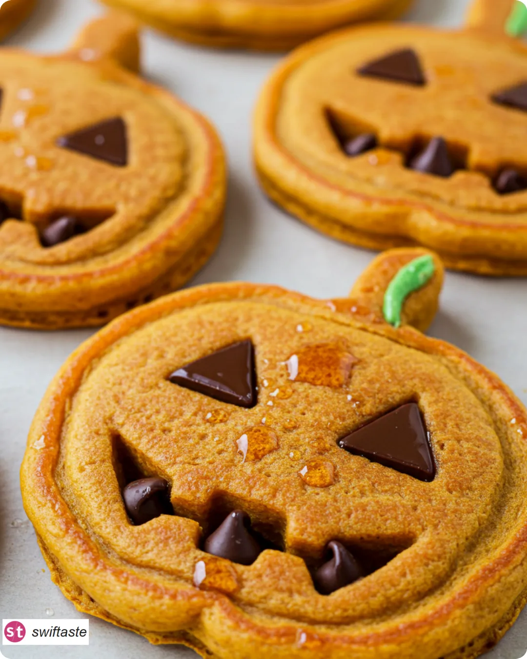 Jack-O-Lantern Pancakes stacked with chocolate faces