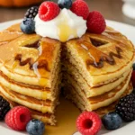 Jack-O-Lantern Pancakes served with syrup and berries