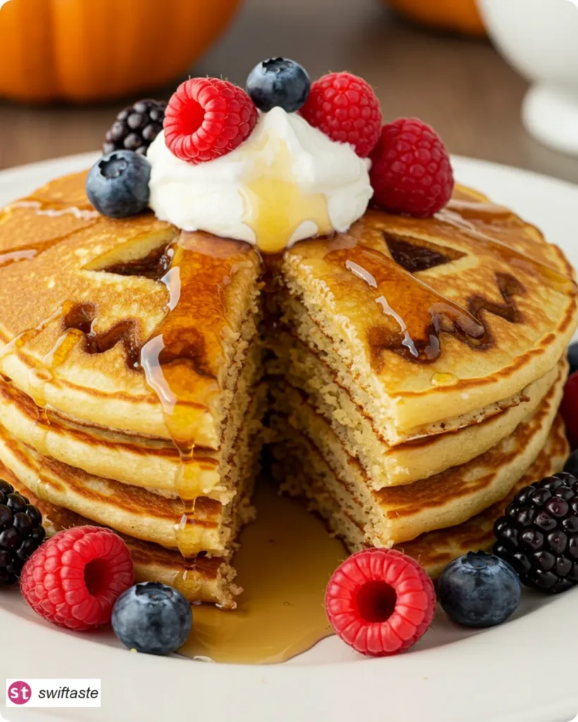 Jack-O-Lantern Pancakes served with syrup and berries
