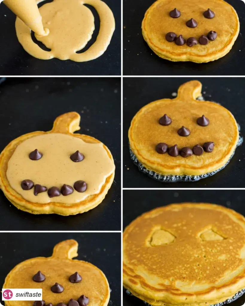 Step-by-step Jack-O-Lantern Pancakes on griddle