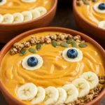 Jack-O-Lantern Smoothie Bowls with banana smiles and blueberry eyes