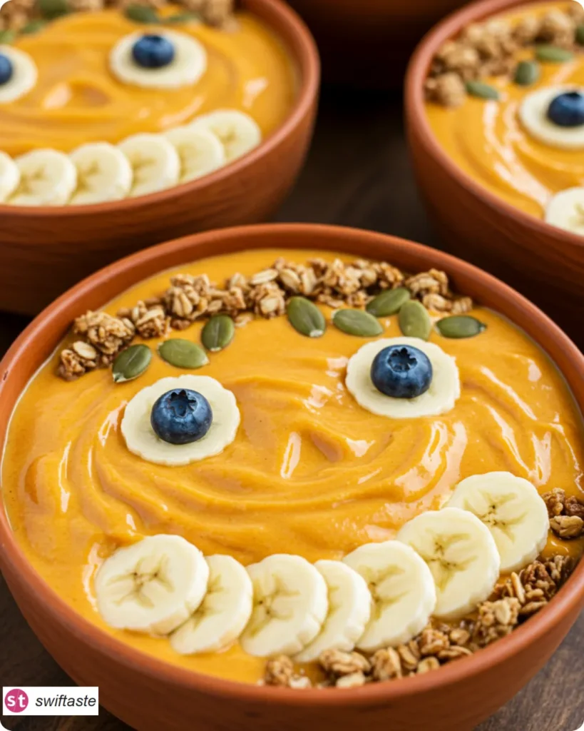 Jack-O-Lantern Smoothie Bowls with banana smiles and blueberry eyes