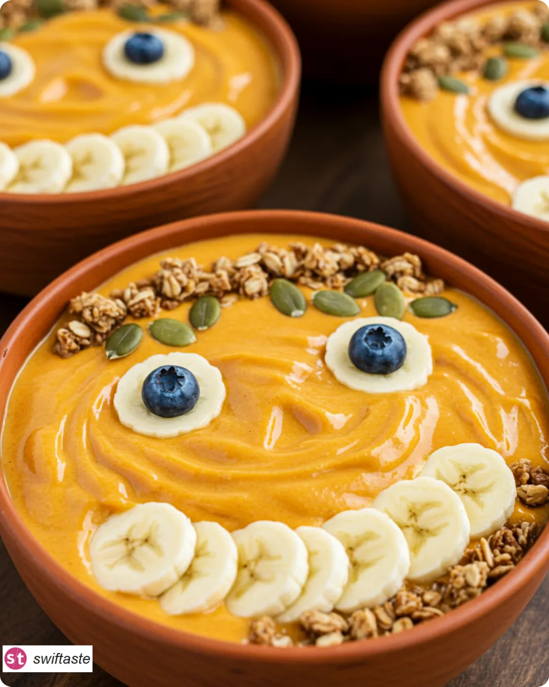 Jack-O-Lantern Smoothie Bowls with banana smiles and blueberry eyes