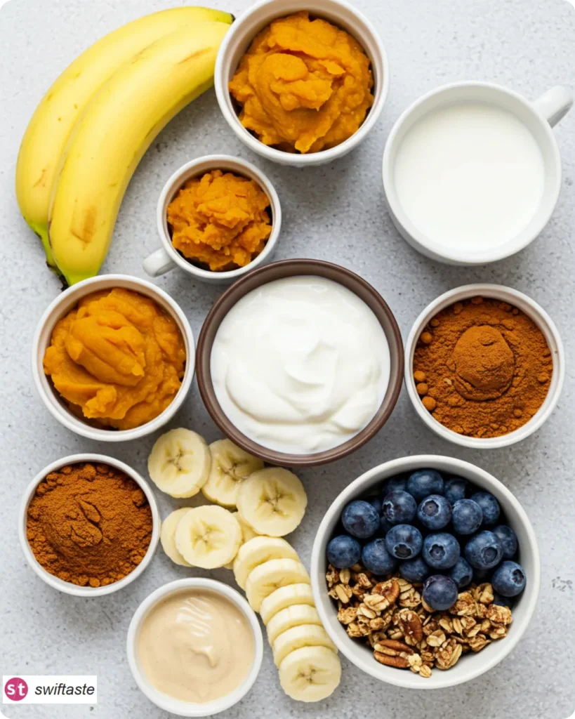Ingredients for Jack-O-Lantern Smoothie Bowls with pumpkin and bananas
