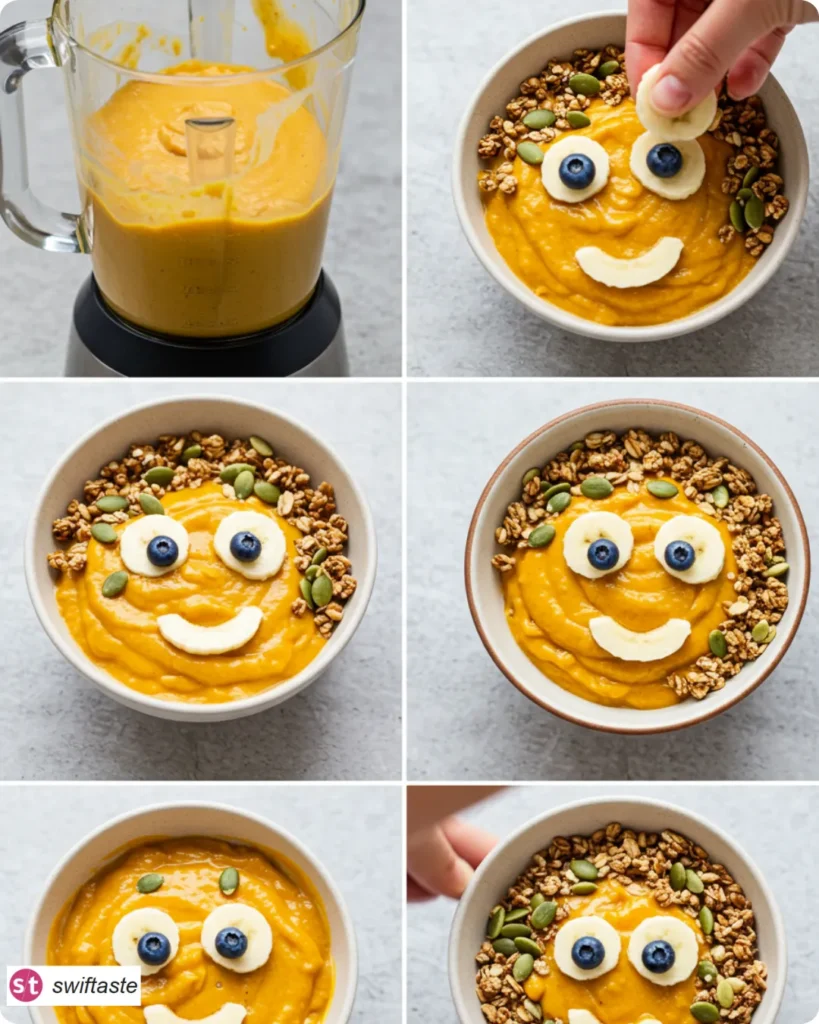 Steps making Jack-O-Lantern Smoothie Bowls and decorating faces