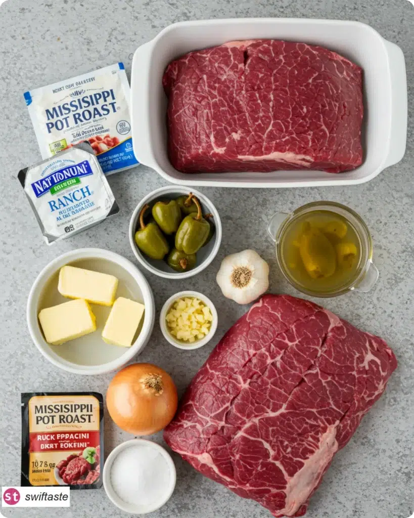 Mississippi Pot Roast ingredients including chuck roast, ranch, au jus, butter, pepperoncini
