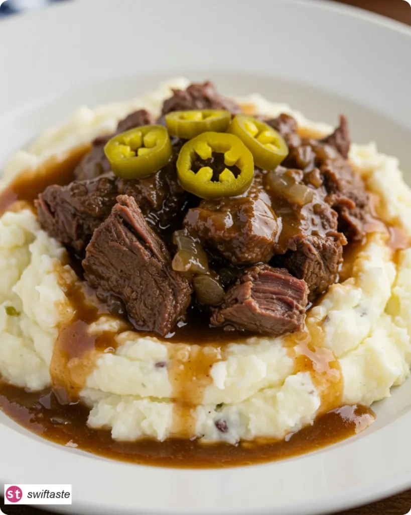 Mississippi Pot Roast spooned over mashed potatoes with pepperoncini and jus
