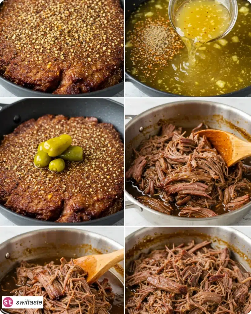 Mississippi Pot Roast step-by-step from seasoned roast to shredded beef in jus