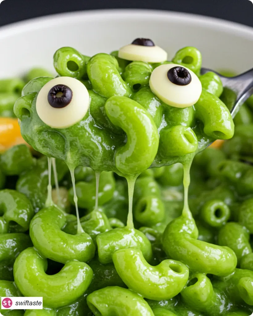 Monster Mac and Cheese with bright-green sauce and cheese eyes