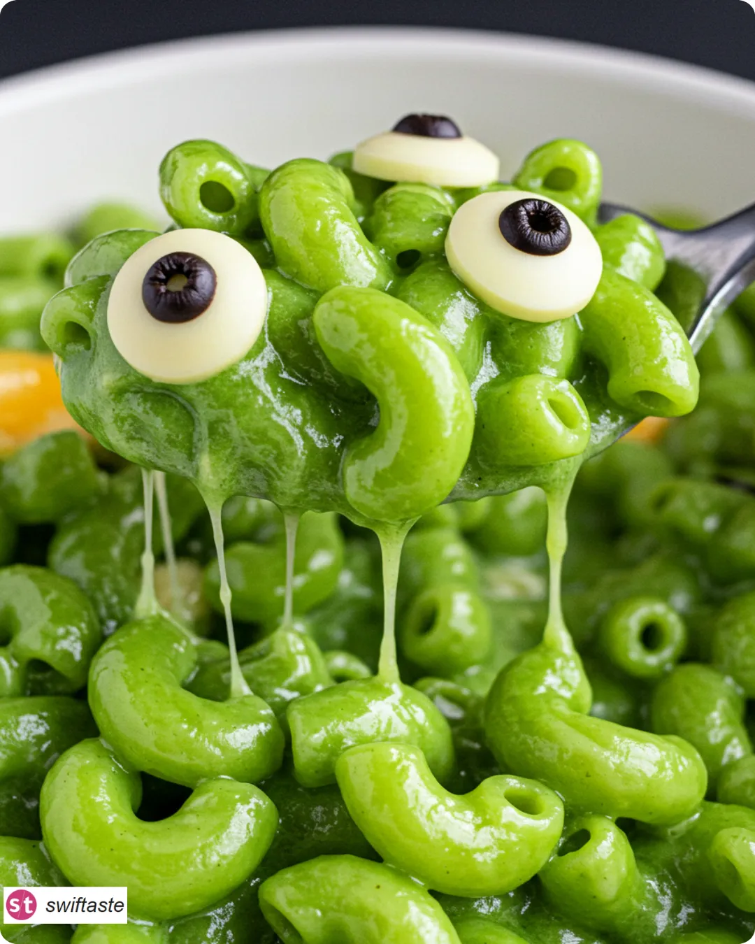 Monster Mac and Cheese with bright-green sauce and cheese eyes
