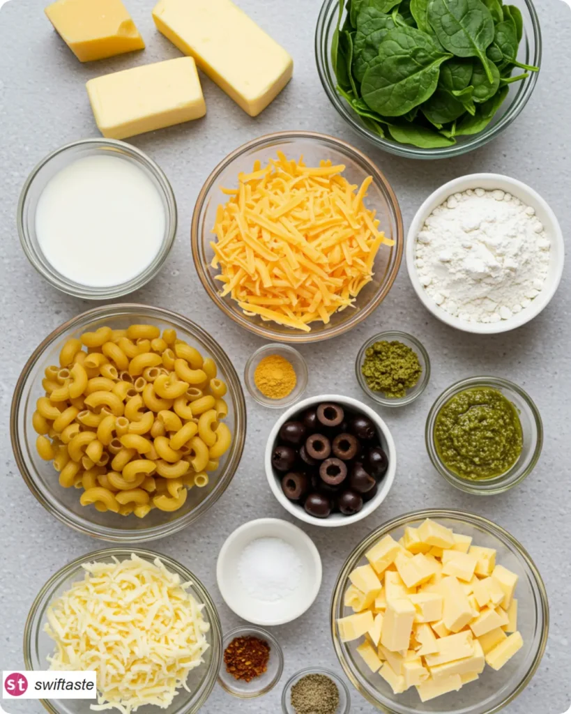 Ingredients for Monster Mac and Cheese with spinach and cheese eyes