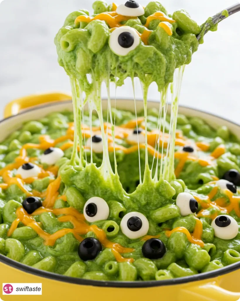 Monster Mac and Cheese in a bowl with multiple cheese eyes