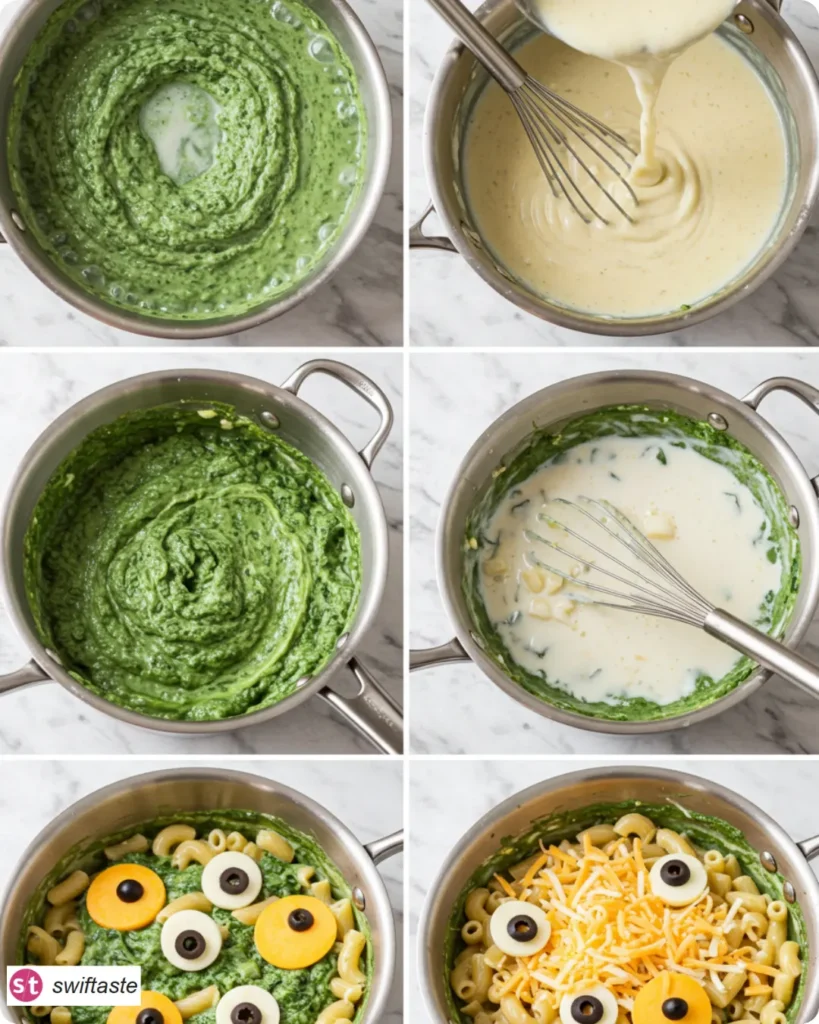 Steps for Monster Mac and Cheese from roux to green sauce