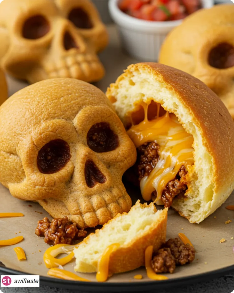 Monster Taco Skulls with saucy taco beef and melted cheese