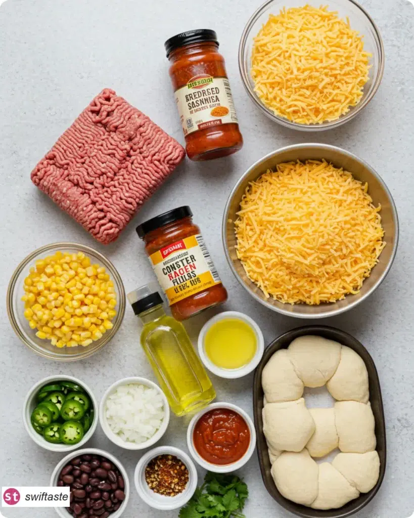 Ingredients for Monster Taco Skulls including dough, beef, cheese, and salsa