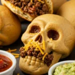 Monster Taco Skulls on a platter with salsa, sour cream, and guacamole