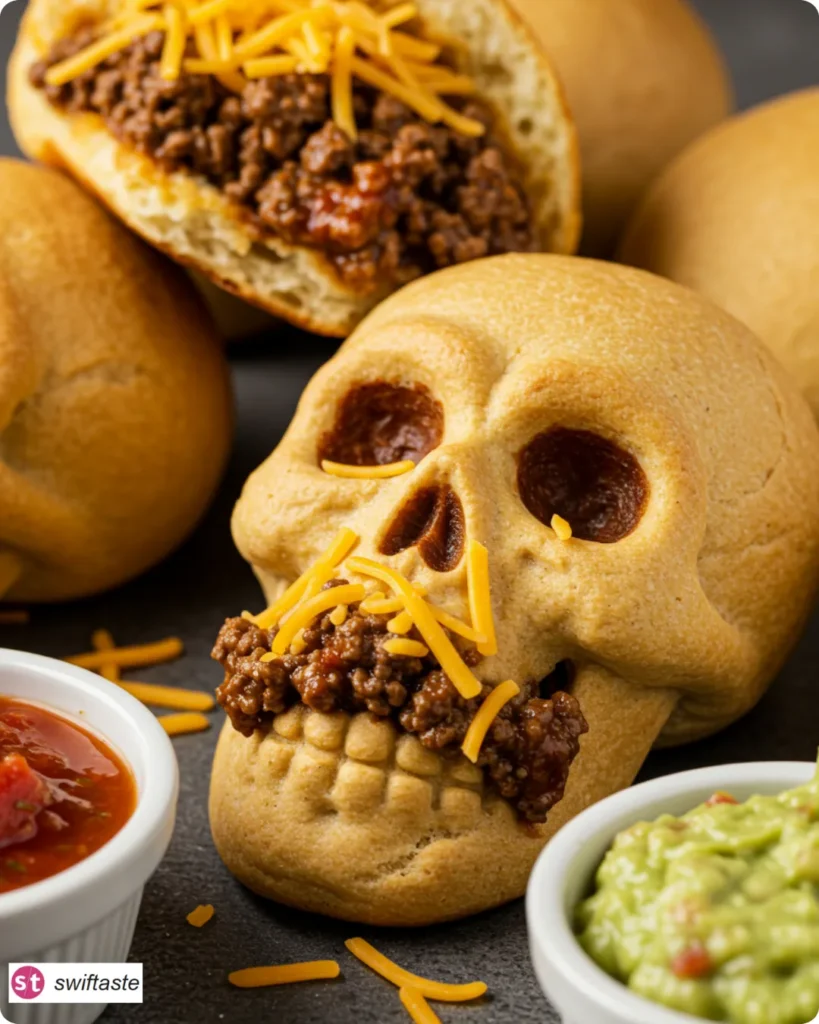 Monster Taco Skulls on a platter with salsa, sour cream, and guacamole