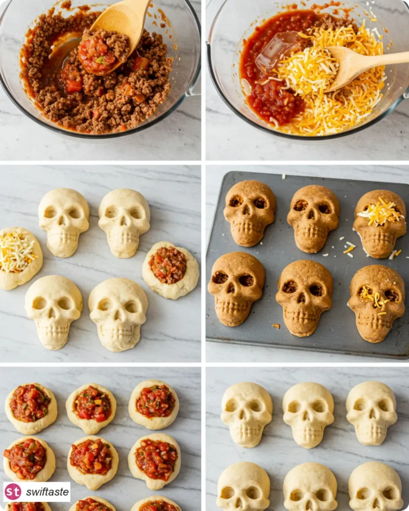 Steps for Monster Taco Skulls from dough lining to golden bake