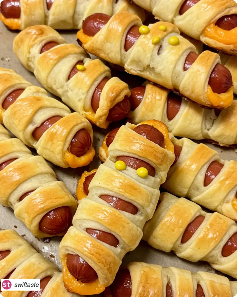 Mummy Pigs in a Blanket close‑up with crescent wraps