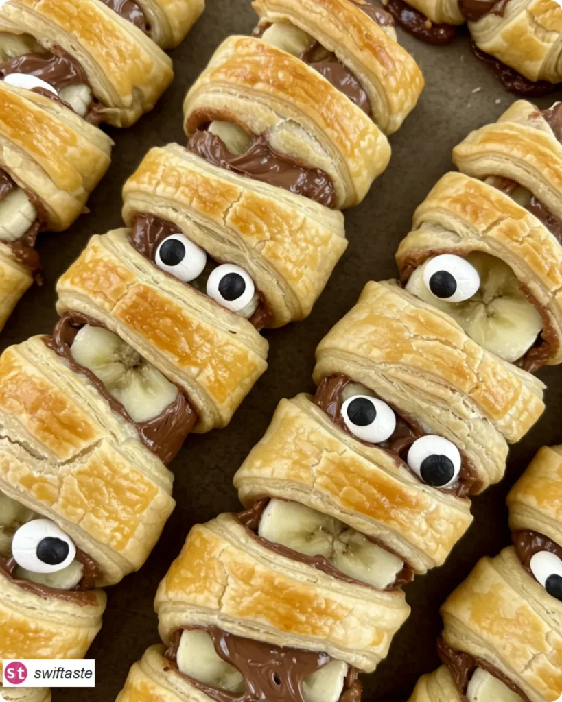 Nutella Banana Mummy Rolls with flaky pastry bandages