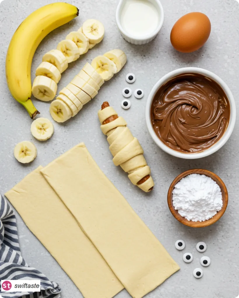 Ingredients for Nutella Banana Mummy Rolls with dough, bananas, and Nutella