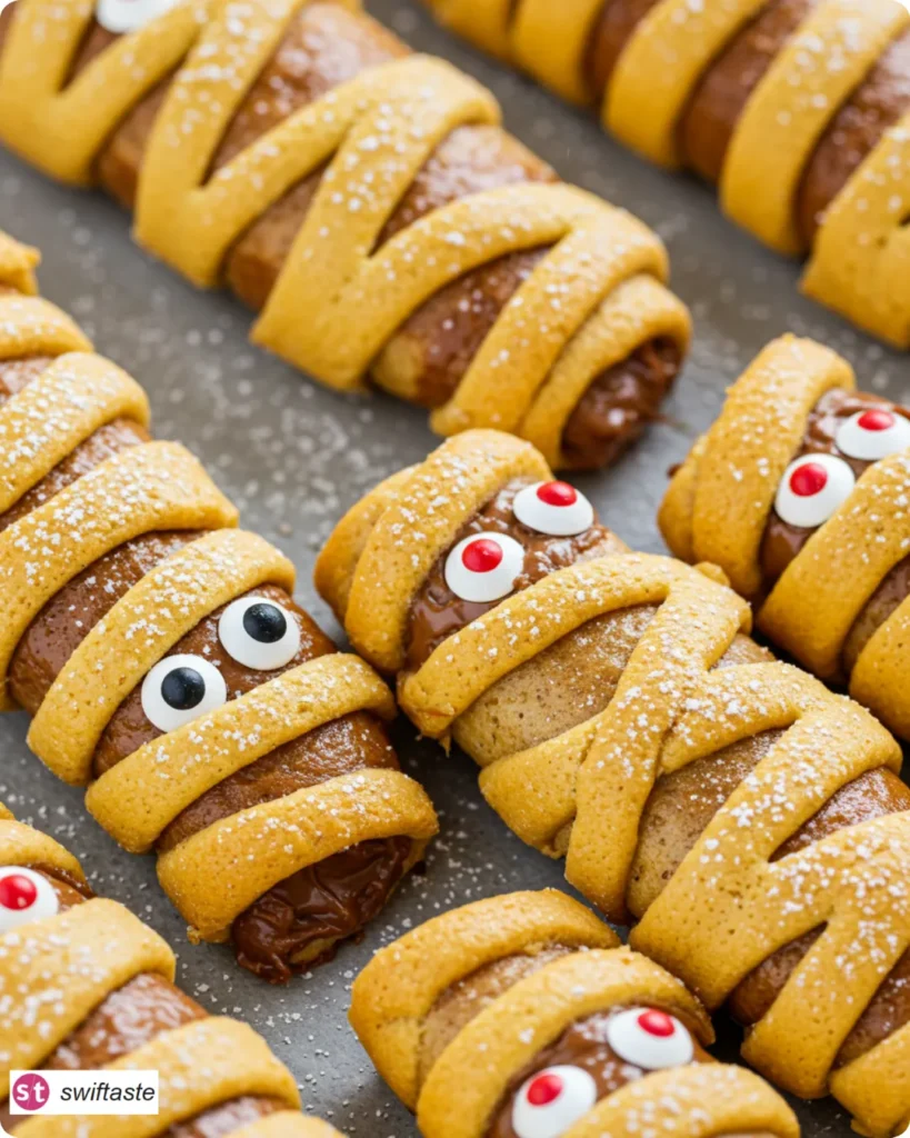 Served Nutella Banana Mummy Rolls with candy eyes