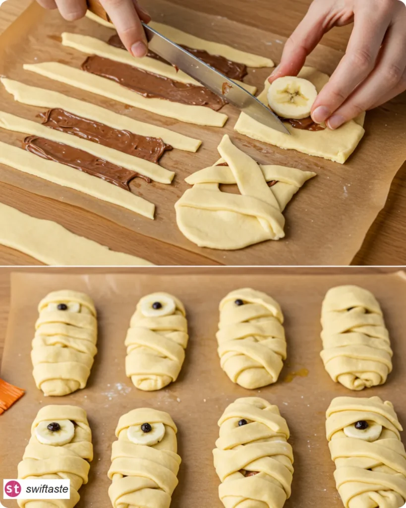 Steps to assemble Nutella Banana Mummy Rolls with bandage strips