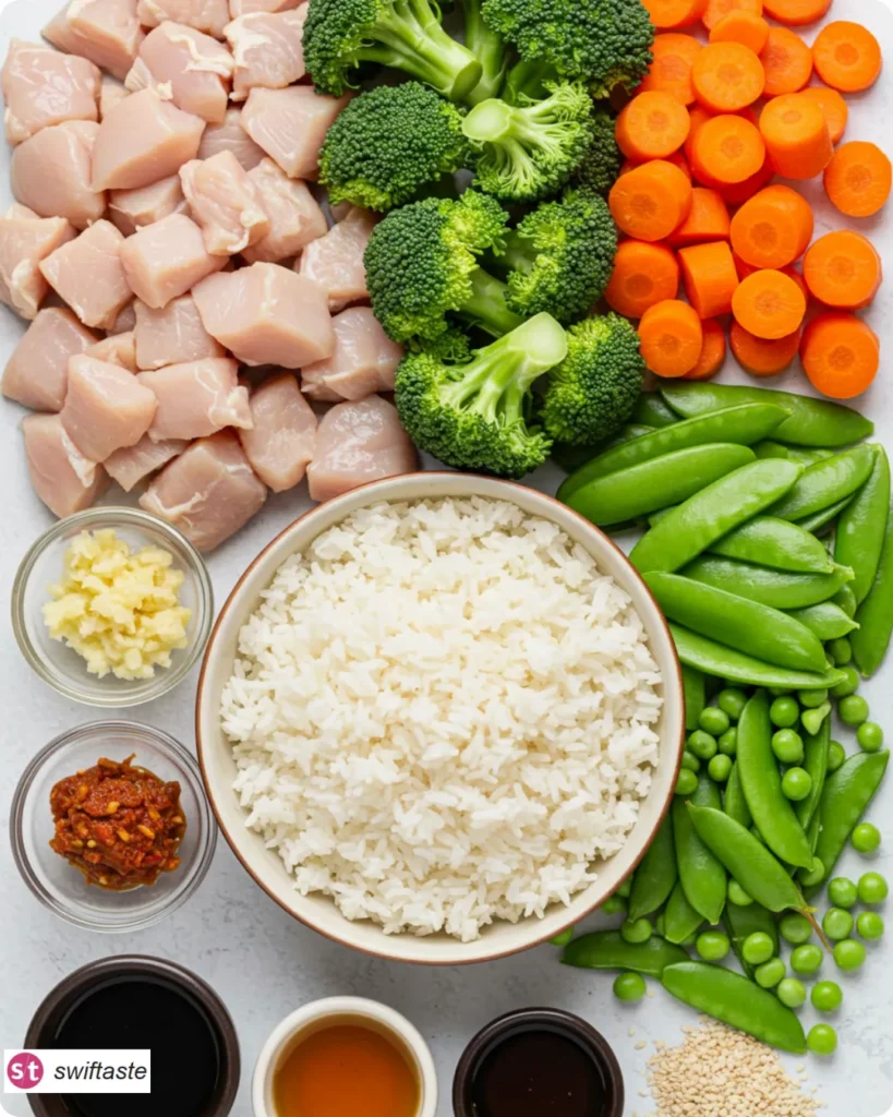 One Bowl Pure Comfort ingredients with soy, rice, vegetables, and chicken