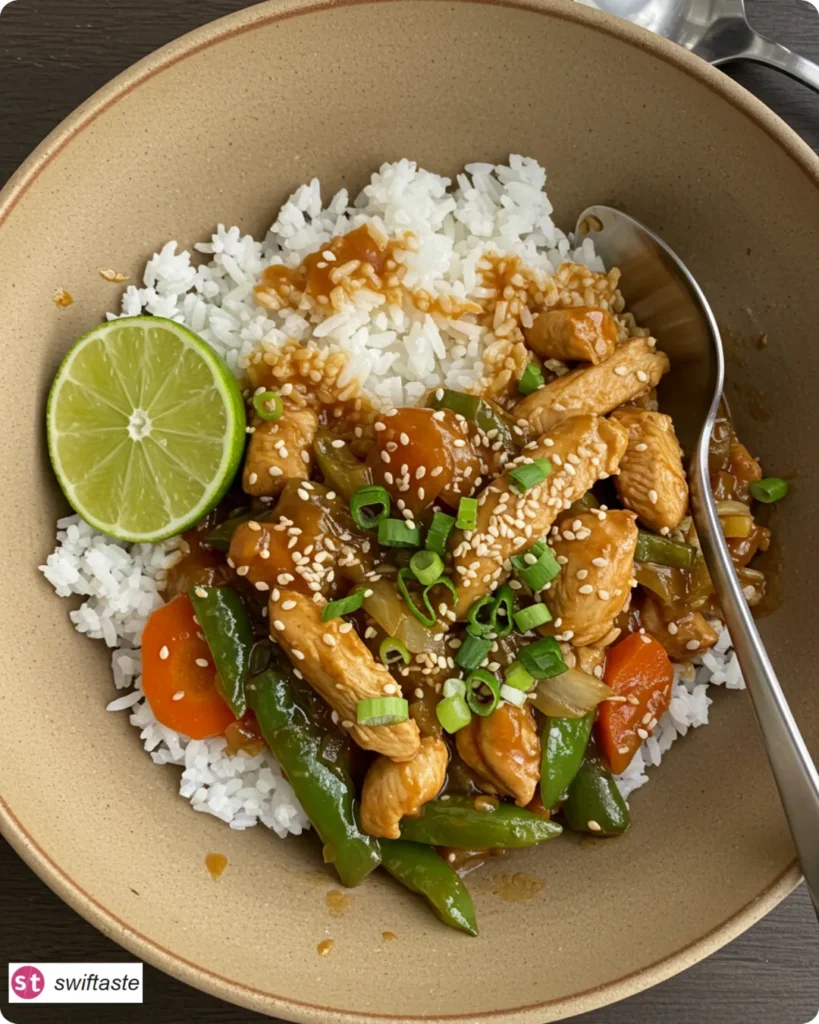 One Bowl Pure Comfort served with rice, sesame, and lime