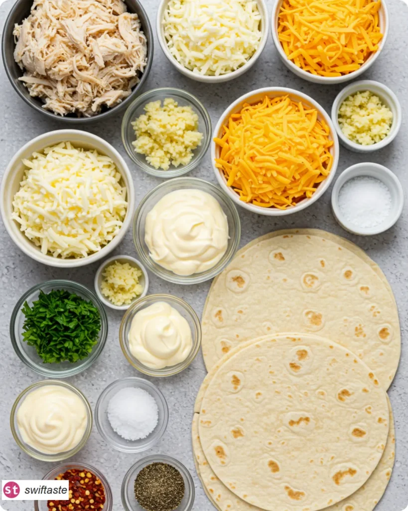 Ingredients for Ooey-Gooey Cheesy Garlic Chicken Wraps
