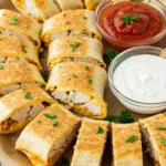 Serving Ooey-Gooey Cheesy Garlic Chicken Wraps with dips