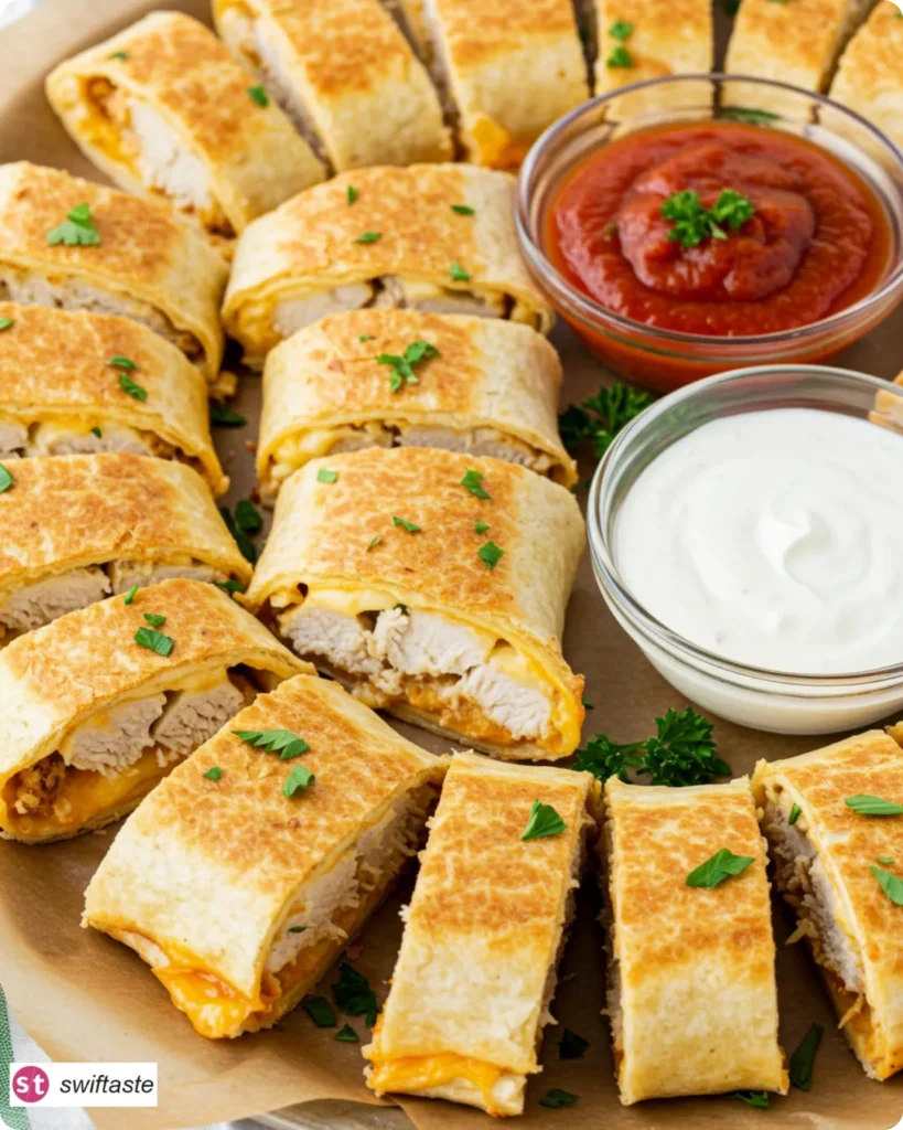 Serving Ooey-Gooey Cheesy Garlic Chicken Wraps with dips