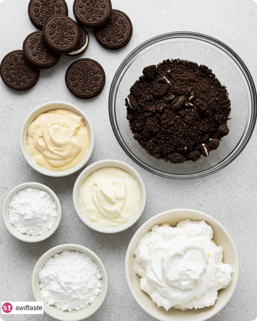 Ingredients for Oreo Dirt Dessert with Oreos and pudding