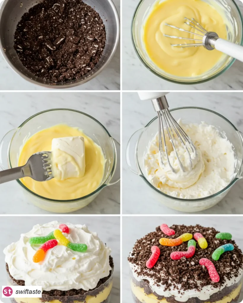 Step-by-step Oreo Dirt Dessert layering with pudding and crumbs