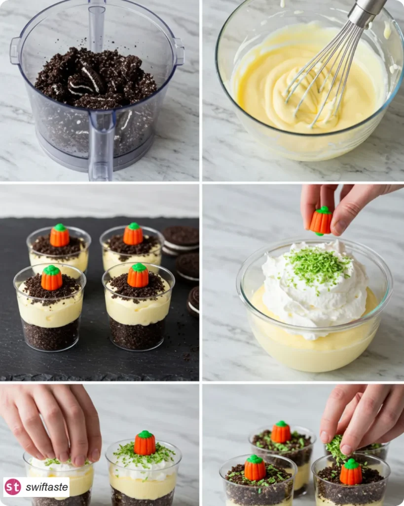 Step-by-step Pumpkin Patch Dirt Cups layering and decorating