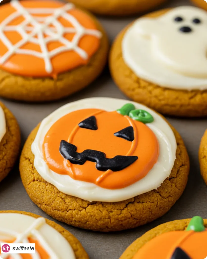 Pumpkin Spiced Halloween Cookie with cream cheese frosting designs