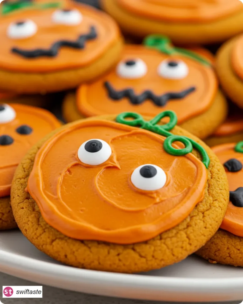Pumpkin Spiced Halloween Cookies with festive frosting on a platter