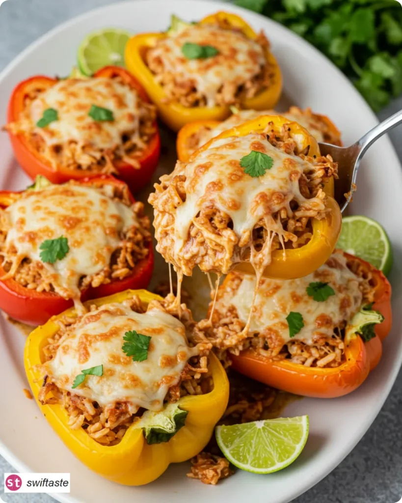 Shredded Chicken & Rice Stuffed Peppers on a platter with lime