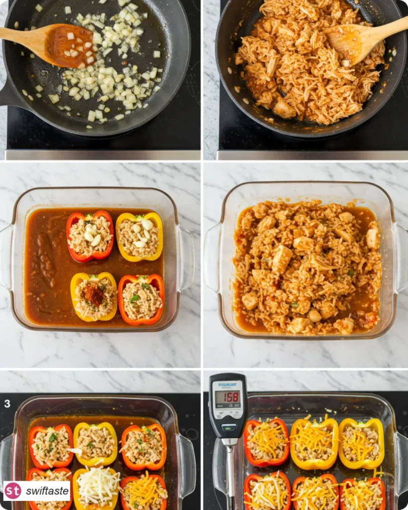 Steps for Shredded Chicken & Rice Stuffed Peppers from filling to bake
